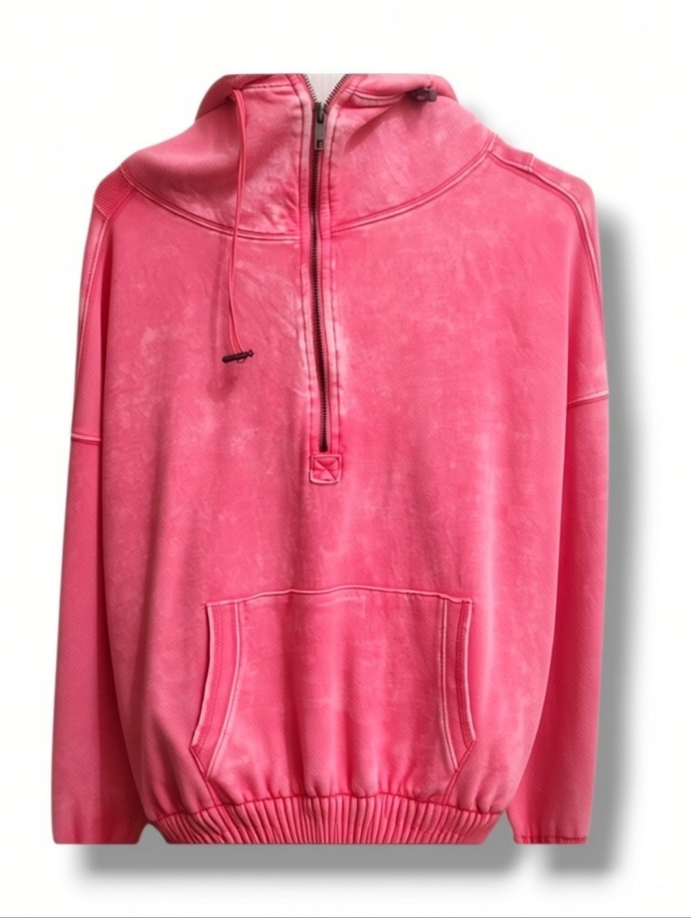 Zenana Hoodie Quarter-Zip Mineral Wash Pink Small Cotton Blend Oversized Pocket - Picture 2 of 4